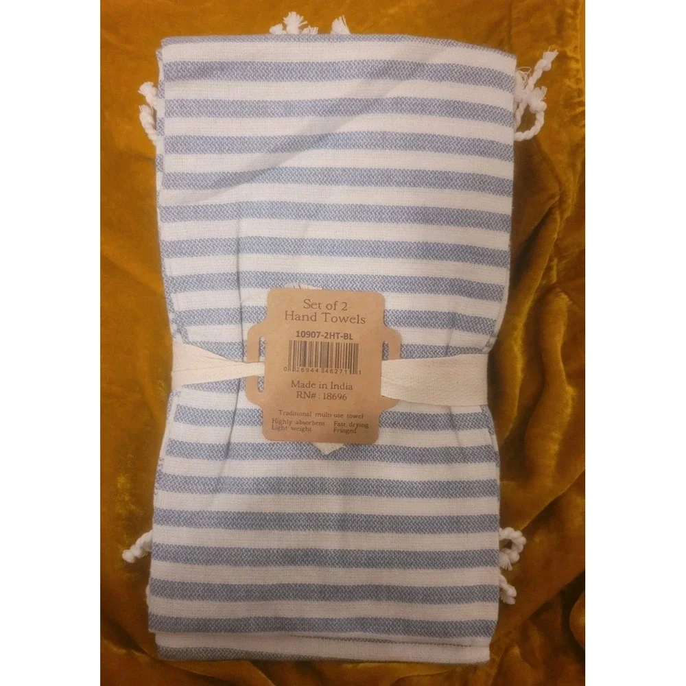 NWT Kolkata Set of 2 Turkish Hand Towels Blue/White Stripe 100% Cotton 20
